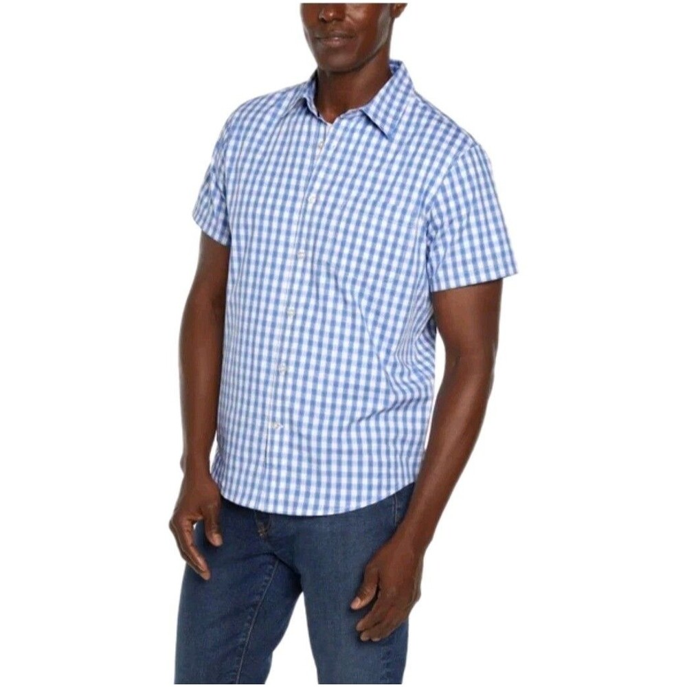 Gap Men's Short Sleeve Button Up Poplin Shirt Blue Plaid Size XXL Cotton - Picture 2 of 6